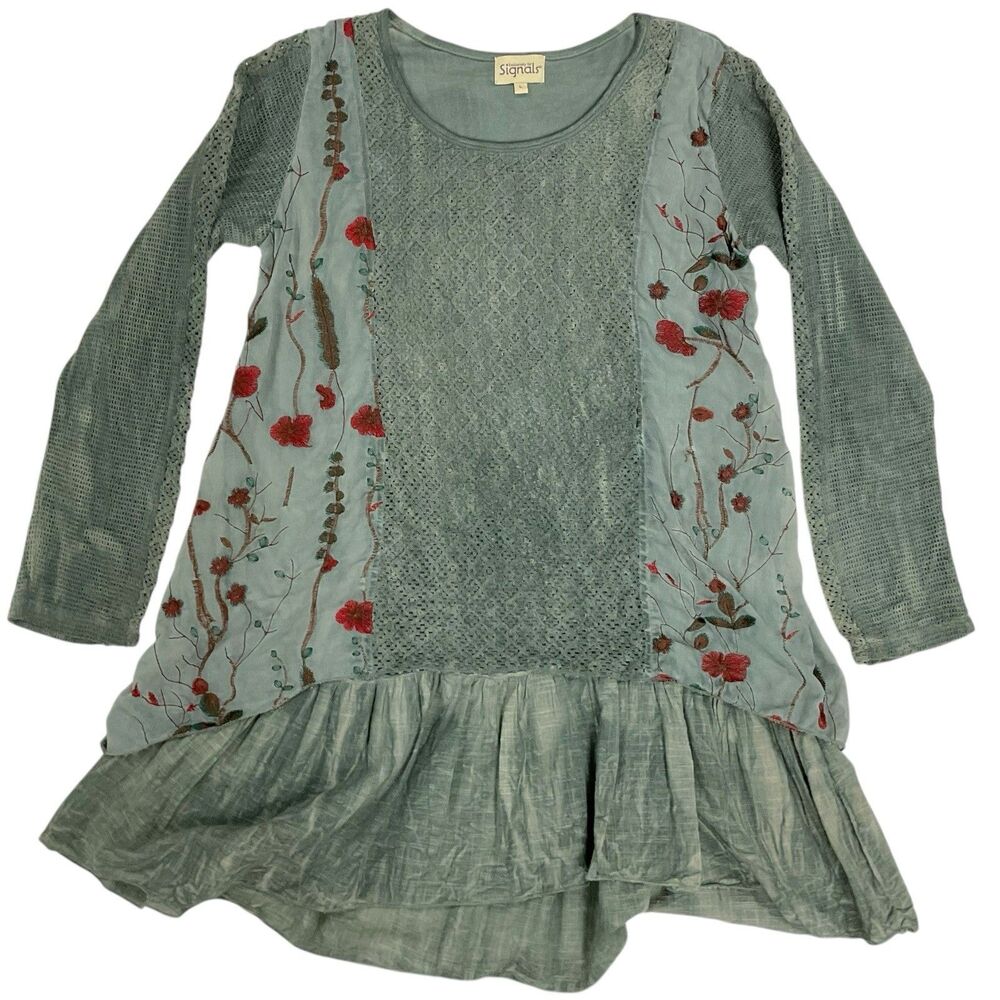 Signals Womens L Tunic Top Ruffle Embroidered Boho Lagenlook‎ Waffle Knit Sleeve